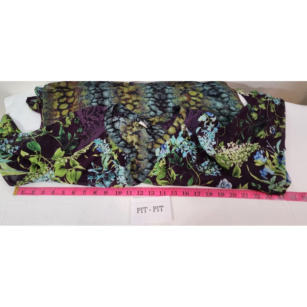 NEW DIRECTIONS WOMEN XL GREEN BLUE BLOUSE FLORAL BLOOM FAIRY LACE SHEER POPOVER - Picture 15 of 16